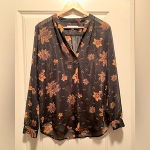 EUC Ann Taylor Loft Sheer Black Floral Blouse w/ Gold Detail, Size M ✨